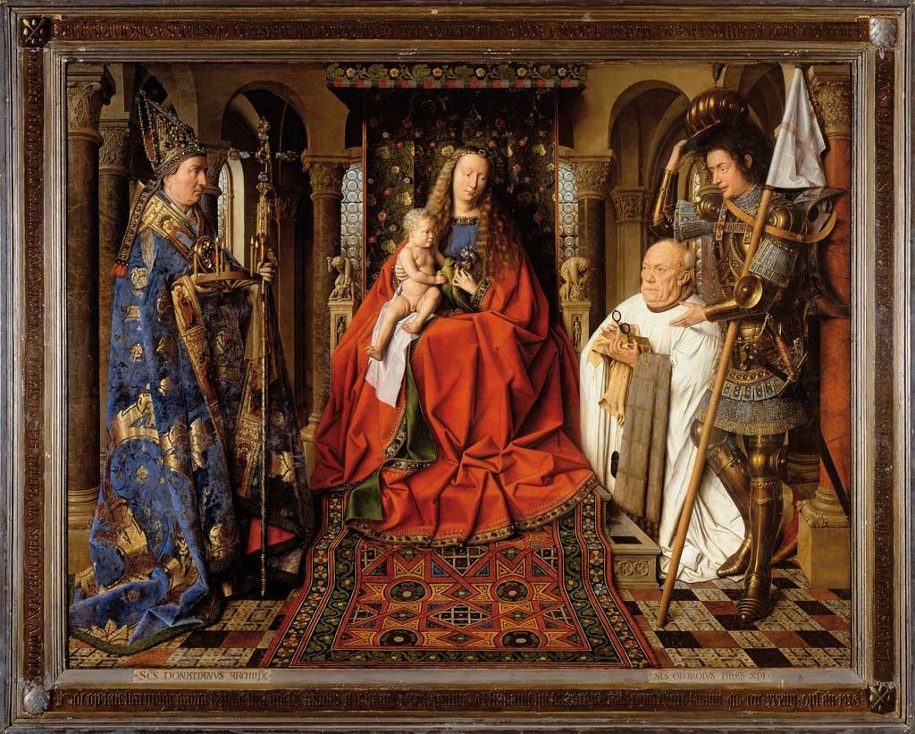 Virgin and Child with Canon van der Paele, c. 1434–36. Groeningemuseum, Bruges. Van Eyck's Marian paintings are suffused with iconographic detail