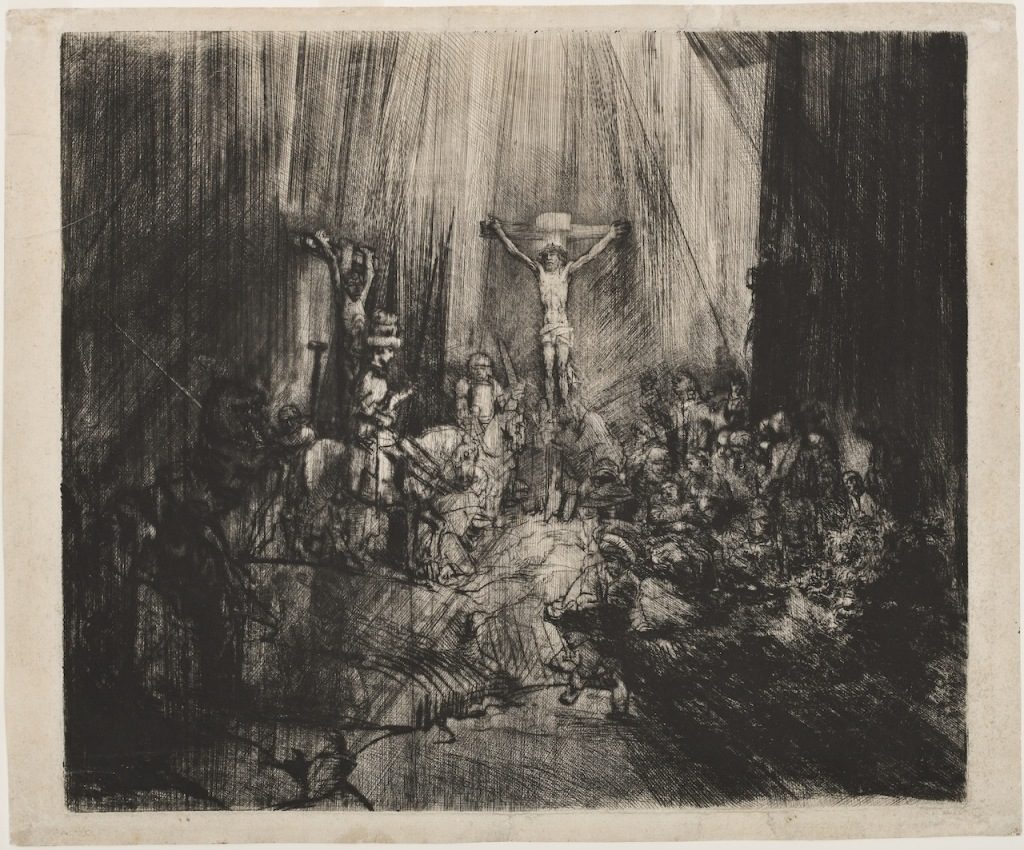 rembrandt-van-rijn-christ-crucified-between-two-thieves-the-three-crosses-1653-55-drypoint-with-burin-on-cream-laid-paper-courtesy-of-the-grand-rapids-art-museum, luz en el dibujo