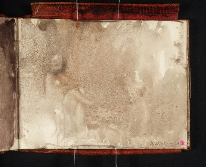 pintura-abstracta-William-Turner-Interior-obscuro-figura-hincada-sosteniendo-pie-de-una-mujer desnuda sentada