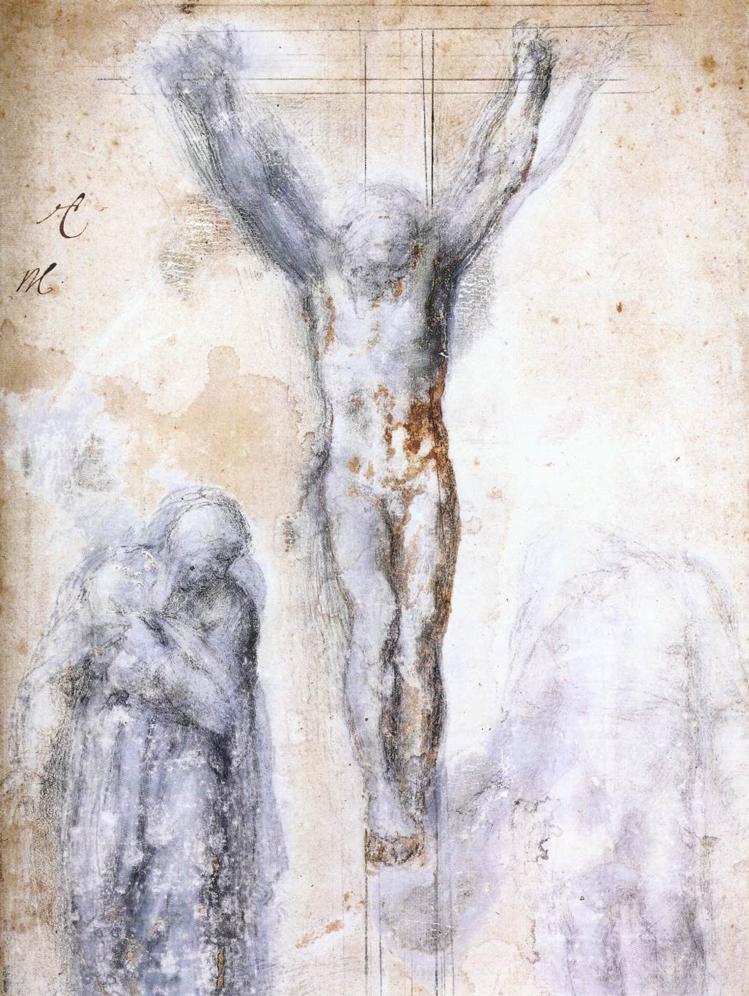 Miguel Angel Buonarroti, Estudio para un Cristo crucificado con María y san Juan, 1560, tiza negra, realces en blanco y pluma, 433 x 290 mm.