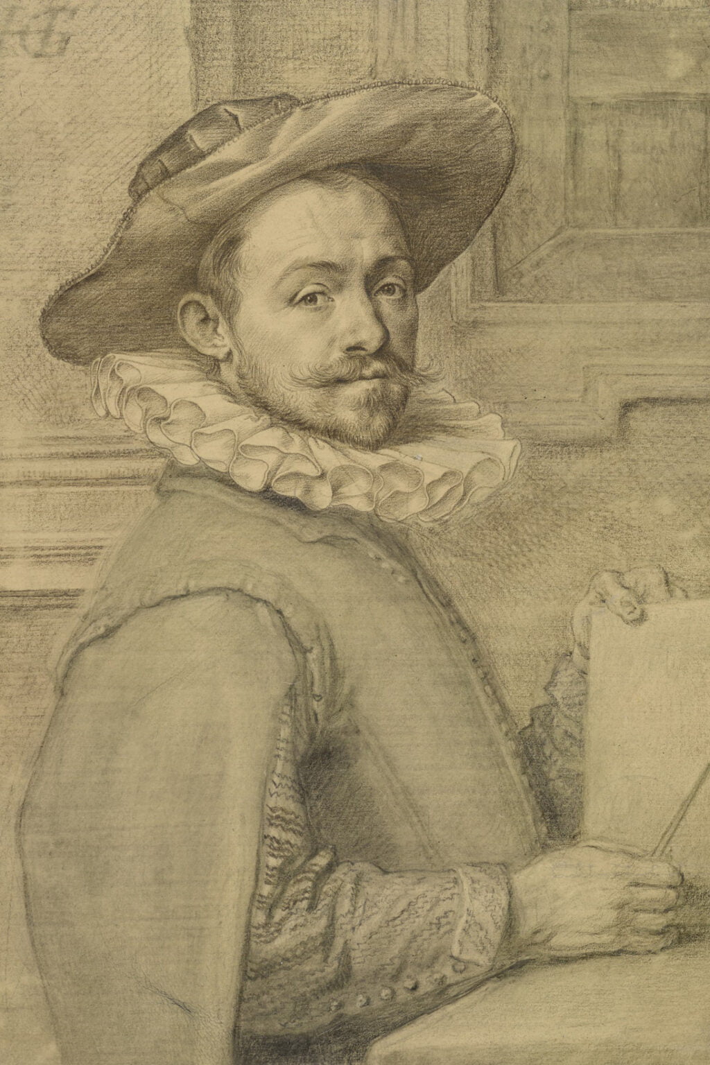 hendrik goltzius self portrait holding a copper plate c dot 1589 silverpoint on yellow prepared