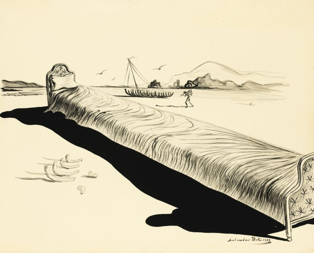 salvador dali drawing 1939 lit surrealiste dans un paysage